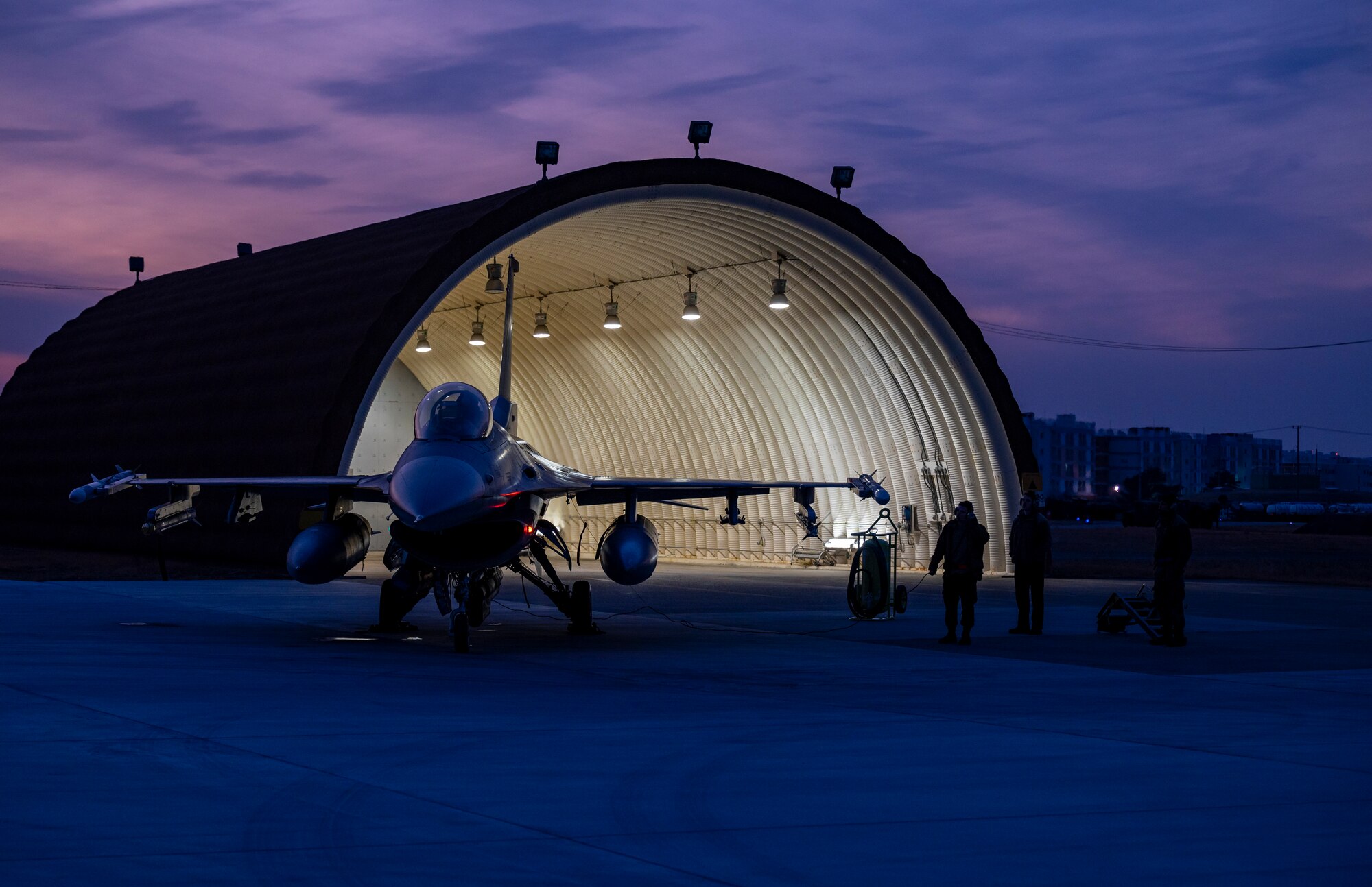 U.S. Air Force Airmen from the 51st Fighter Wing perform post-flight maintenance on an F-16 Fighting Falcon during a training event at Daegu Air Base, Republic of Korea, Feb. 2, 2023.