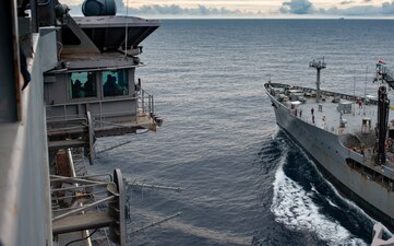 USS Nimitz (CVN 68) replenishes from USNS Big Horn (T-AO 198) in the South China Sea.