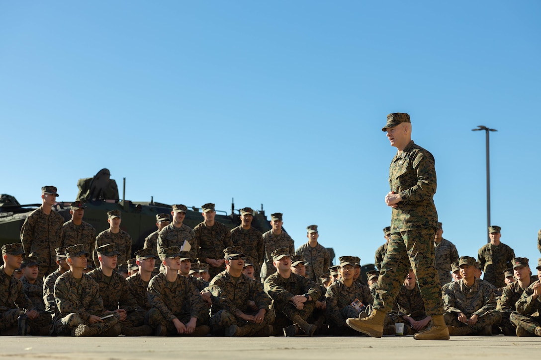 U.S. Marine Corps Sgt. Maj. Troy E. Black, the 19th Sergeant Major of the Marine Corps, addresses Marines with 3rd Assault Amphibian Battalion, 1st Marine Division at the battalion’s maintenance bay during his visit to Marine Corps Base Camp Pendleton, California, Feb. 7, 2023. The Sergeant Major of the Marine Corps visited units across I Marine Expeditionary Force, speaking to Marines about talent management, force design, quality of life and the importance of maturing the force in the infantry.