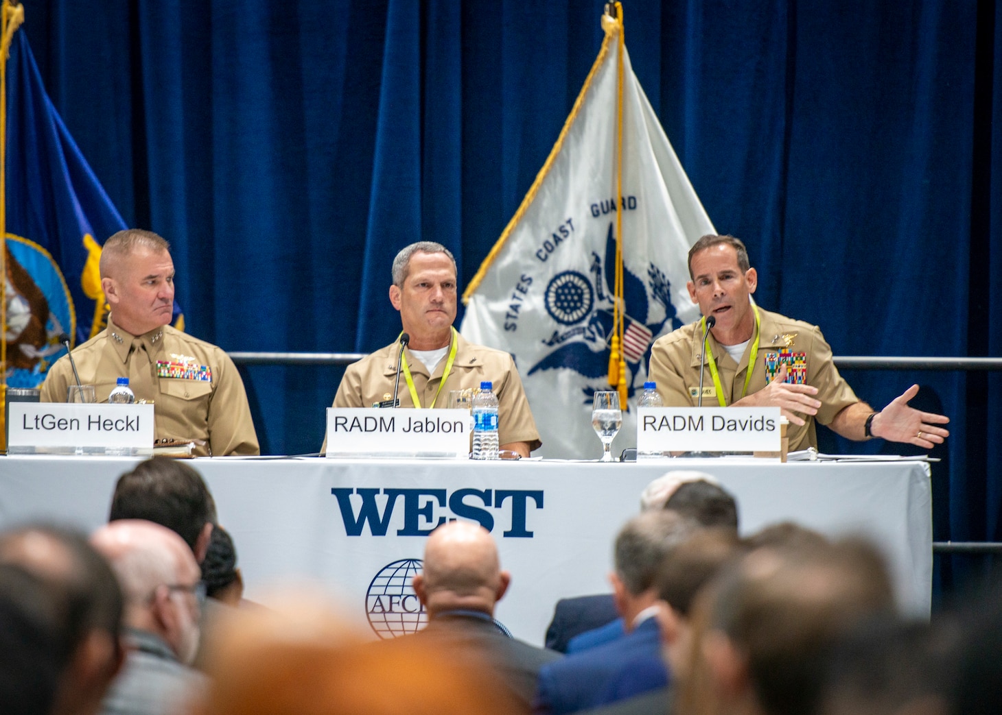 Rear Adm. Keith Davids, commander of Naval Special Warfare Command (NSWC), answers questions during the WEST 2023 convention at the San Diego Convention Center.