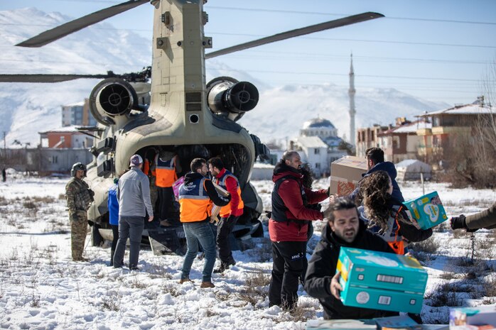 Delivering relief supplies to Elbistan, Türkiye on Feb. 14, 2023.
