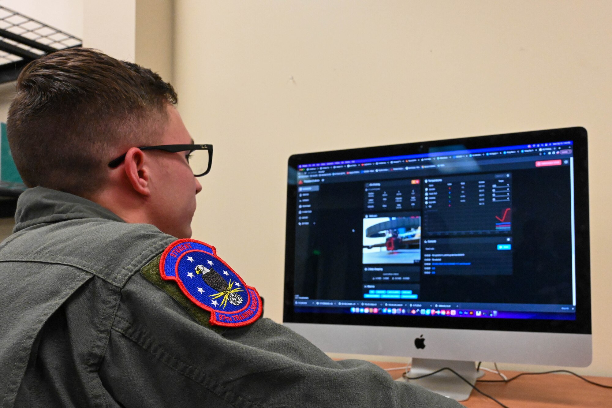 U.S. Air Force Airman 1st Class Andrew Eddy, 97th Training Squadron (TRS) Airman in training, uses a 3D printing software at the Spark Cell at Altus Air Force Base, Oklahoma, Feb. 13, 2023. Airmen from the 97th TRS have started to utilize the space throughout their training. (U.S. Air Force photo by Senior Airman Trenton Jancze)