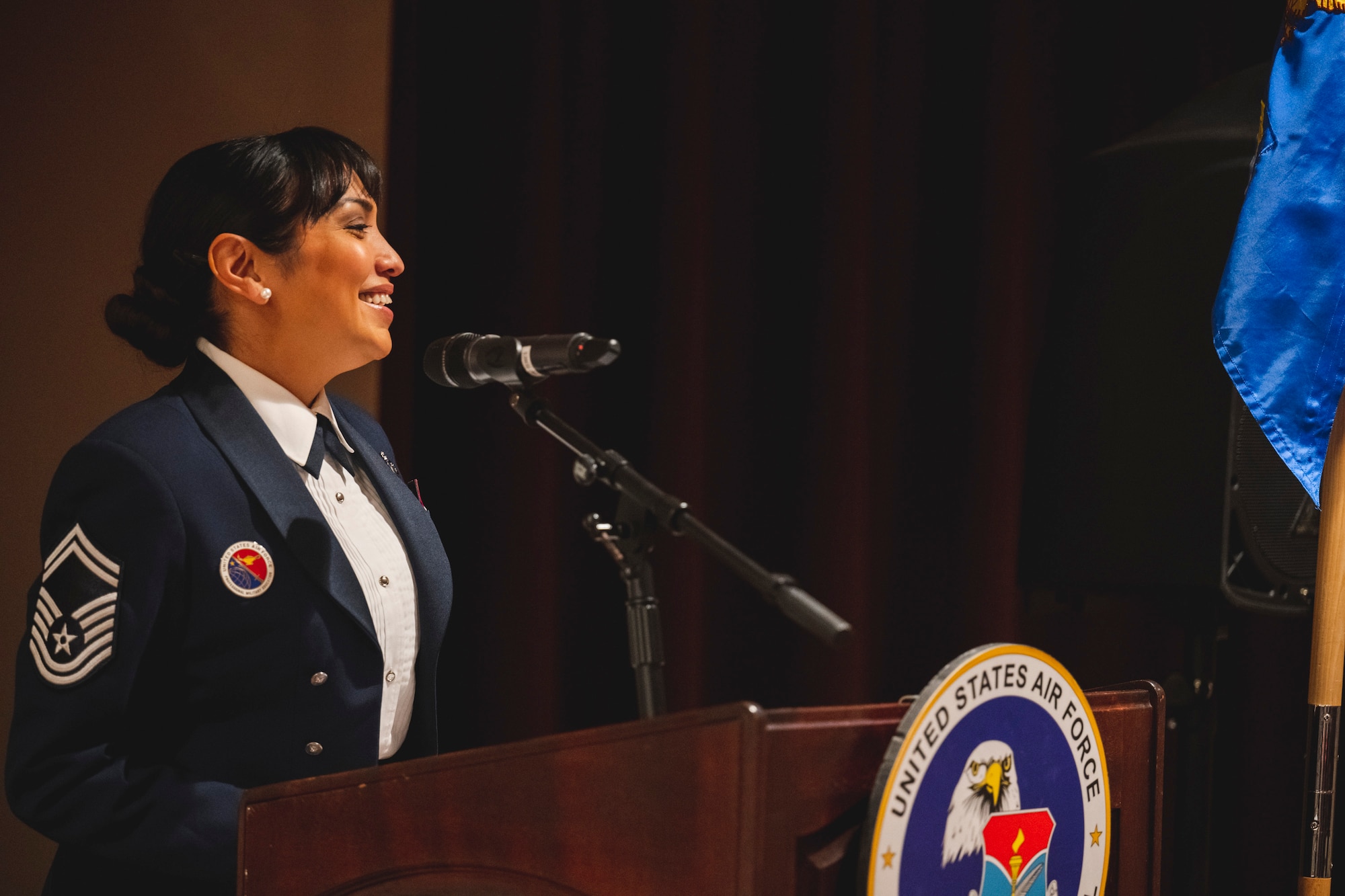 Senior Master Sgt. Yvonne Fitzpatrick, U.S. Air Force School of Aerospace Medicine senior enlisted leader, speaks Feb. 9 during the Airman Leadership School class 23-B graduation at the Wright-Patt Club at Wright-Patterson Air Force Base, Ohio.
