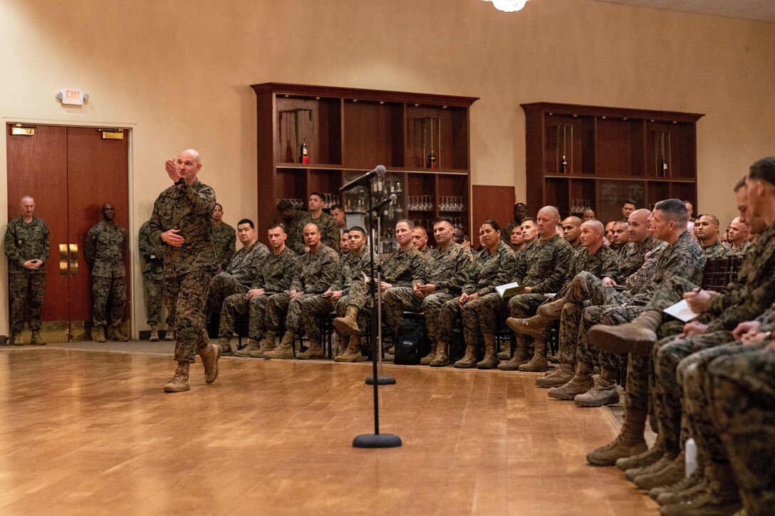 U.S. Marine Corps Sgt. Maj. Troy E. Black, the 19th Sergeant Major of the Marine Corps, speaks to Marines with I Marine Expeditionary Force during a staff noncommissioned officer senior leader panel at Marine Corps Base Camp Pendleton, California, Feb. 8, 2023. The Sergeant Major of the Marine Corps visited units across I MEF, speaking to Marines about talent management, force design, quality of life and the importance of maturing the force in the infantry. (U.S. Marine Corps photo by Cpl. Gabrielle Zagorski)