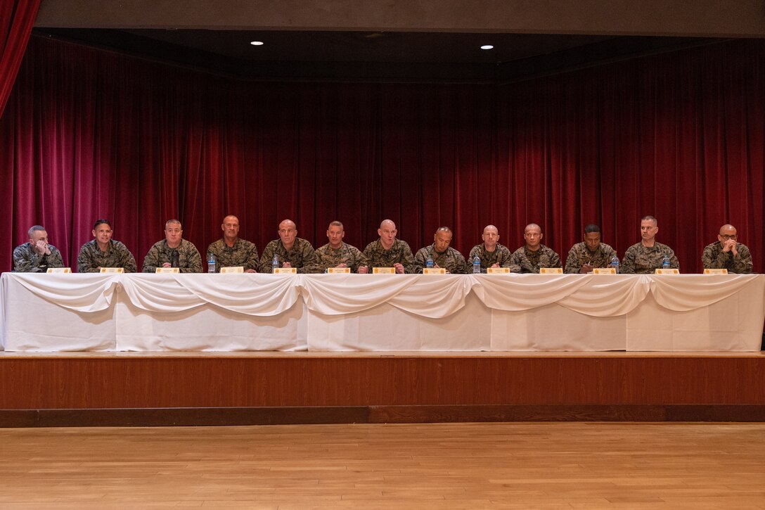 U.S. Marine Corps Sgt. Maj. Troy E. Black, the 19th Sergeant Major of the Marine Corps, and fellow sergeants major address Marines with I Marine Expeditionary Force during a staff noncommissioned officer senior leader panel at Marine Corps Base Camp Pendleton, California, Feb. 8, 2023. The Sergeant Major of the Marine Corps visited units across I MEF, speaking to Marines about talent management, force design, quality of life and the importance of maturing the force in the infantry. (U.S. Marine Corps photo by Cpl. Gabrielle Zagorski)