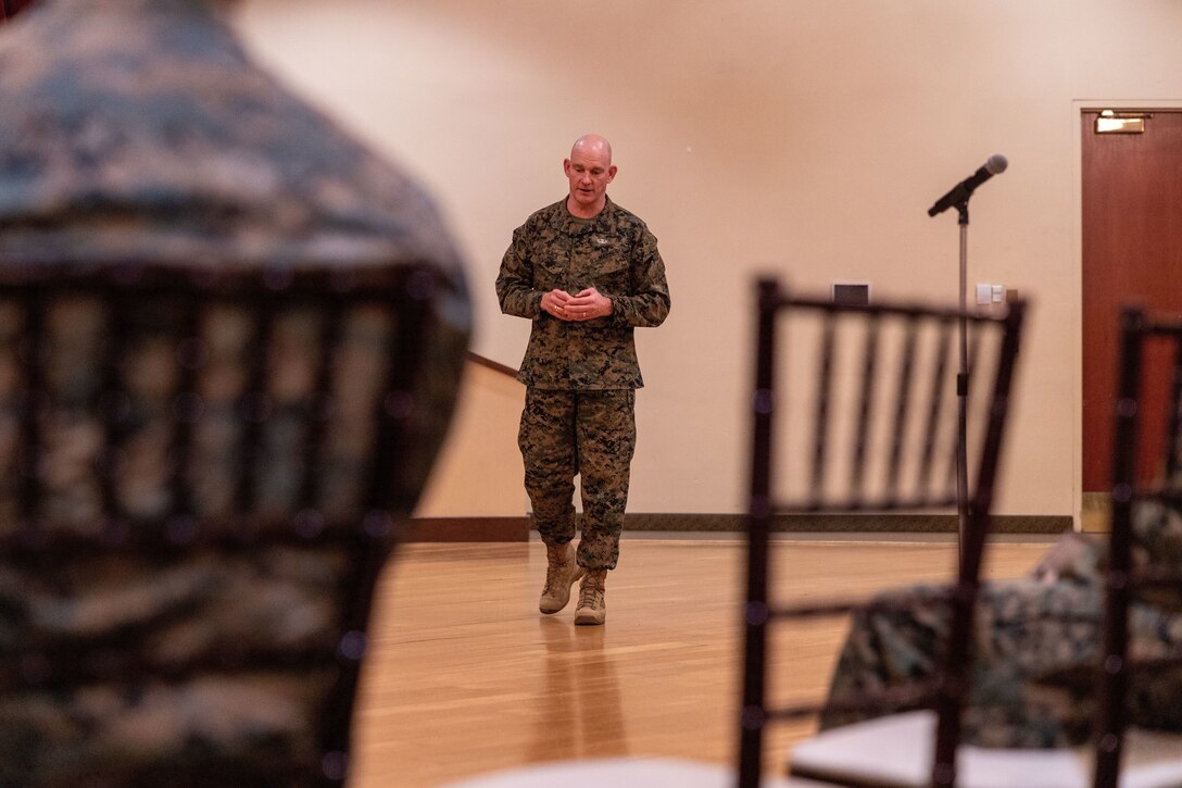 U.S. Marine Corps Sgt. Maj. Troy E. Black, the 19th Sergeant Major of the Marine Corps, speaks to enlisted Marines with I Marine Expeditionary Force during a staff noncommissioned officer senior leader panel at Marine Corps Base Camp Pendleton, California, Feb. 8, 2023. The Sergeant Major of the Marine Corps visited units across I MEF, speaking to Marines about talent management, force design, quality of life and the importance of maturing the force in the infantry. (U.S. Marine Corps photo by Cpl. Gabrielle Zagorski)