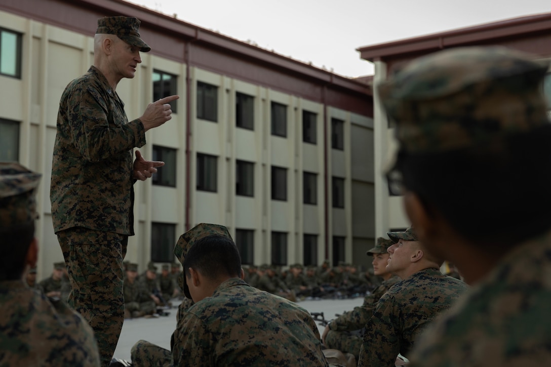 U.S. Marine Corps Sgt. Maj. Troy E. Black, the 19th Sergeant Major of the Marine Corps, addresses Marines assigned to Marine Combat Training, School of Infantry – West during his visit to Marine Corps Base Camp Pendleton, California, Feb. 7, 2023. The Sergeant Major of the Marine Corps visited units across I Marine Expeditionary Force, speaking to Marines about talent management, force design, quality of life and the importance of maturing the force in the infantry. (U.S. Marine Corps photo by Lance Cpl. Fred Garcia)