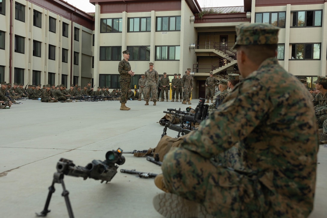 U.S. Marine Corps Sgt. Maj. Troy E. Black, the 19th Sergeant Major of the Marine Corps, addresses Marines assigned to Marine Combat Training, School of Infantry – West during his visit to Marine Corps Base Camp Pendleton, California, Feb. 7, 2023. The Sergeant Major of the Marine Corps visited units across I Marine Expeditionary Force, speaking to Marines about talent management, force design, quality of life and the importance of maturing the force in the infantry. (U.S. Marine Corps photo by Lance Cpl. Fred Garcia)