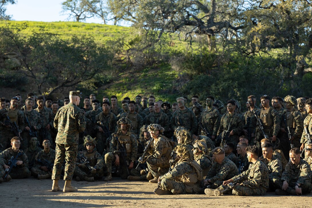 U.S. Marine Corps Sgt. Maj. Troy E. Black, the 19th Sergeant Major of the Marine Corps, addresses Marines undergoing the Infantry Marine Course at Infantry Training Battalion, School of Infantry – West during his visit to Marine Corps Base Camp Pendleton, California, Feb. 7, 2023. The Sergeant Major of the Marine Corps visited units across I Marine Expeditionary Force, speaking to Marines about talent management, force design, quality of life and the importance of maturing the force in the infantry. (U.S. Marine Corps photo by Lance Cpl. Fred Garcia)