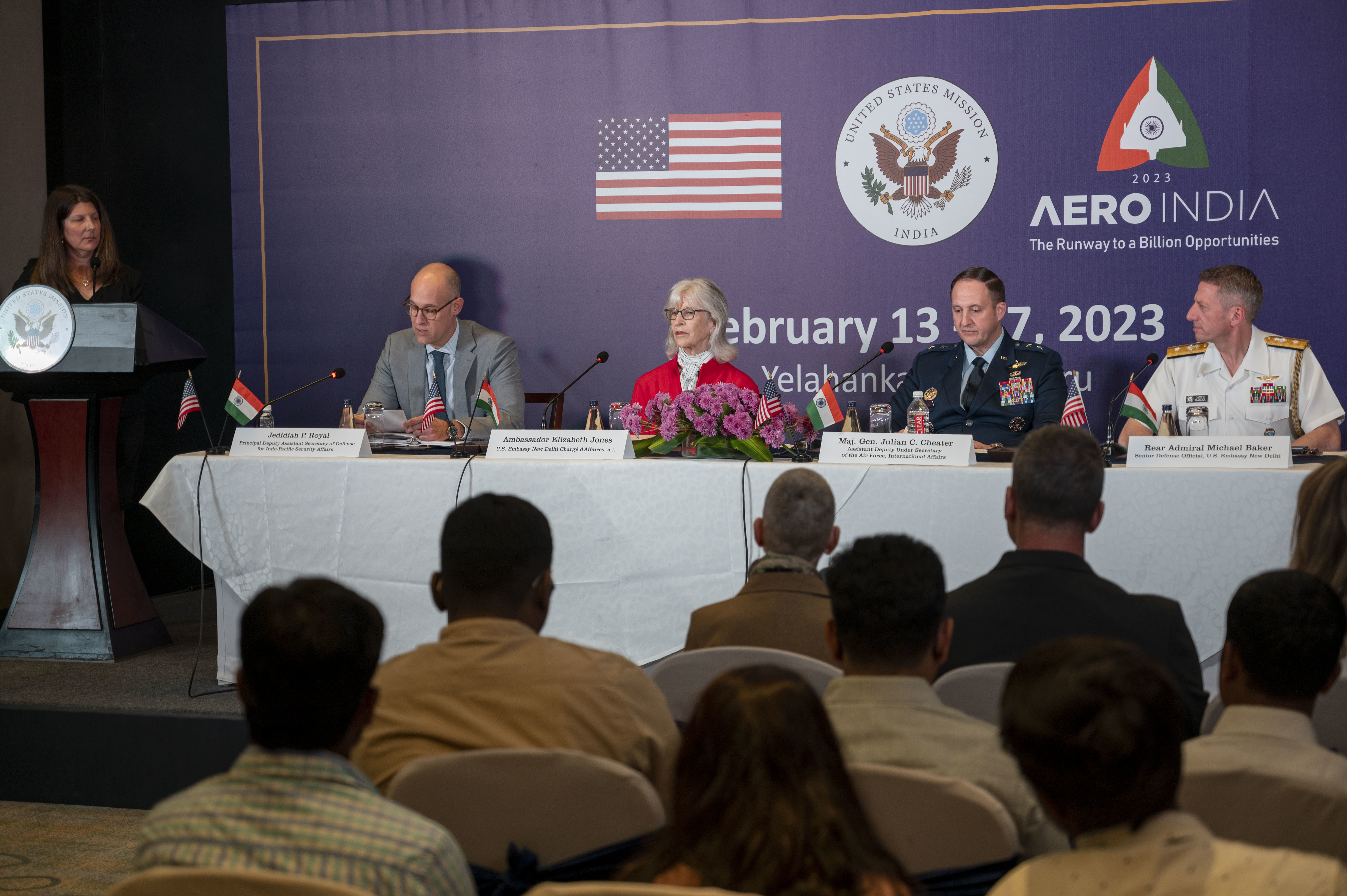 Principal Deputy Assistant Secretary of Defense for Indo-Pacific Security Affairs Jedidiah P. Royal; U.S. Embassy New Delhi Chargé d’Affaires, a.i. Ambassador A. Elizabeth Jones; Major General Julian C. Cheater, Assistant Deputy Under Secretary of the Air Force, International Affairs; and Senior Defense Official and Defense Attaché Rear Admiral Michael Baker at a press conference in Bengaluru on the U.S. participation at Aero India 23, in Bengaluru, India, Feb. 12, 2023. Aero India 2023 provides an avenue to bolster a stronger military-to-military relationship between the U.S. and India, as well as an opportunity to train alongside partners and allies to ensure a free-and-open Indo-Pacific. (U.S. Air Force Photo by Airman 1st Class Emily Saxton)