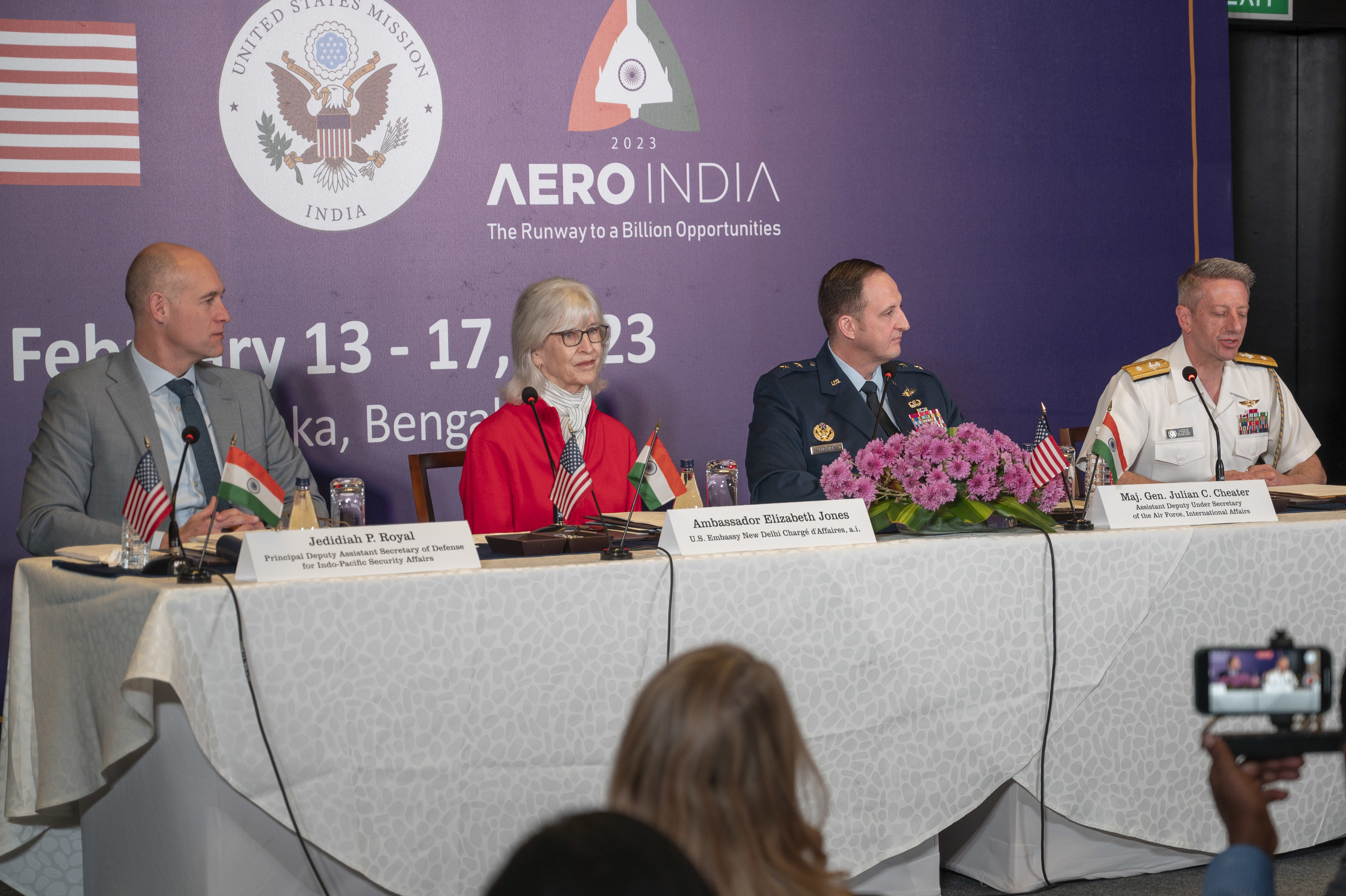Principal Deputy Assistant Secretary of Defense for Indo-Pacific Security Affairs Jedidiah P. Royal; U.S. Embassy New Delhi Chargé d’Affaires, a.i. Ambassador A. Elizabeth Jones; Major General Julian C. Cheater, Assistant Deputy Under Secretary of the Air Force, International Affairs; and Senior Defense Official and Defense Attaché Rear Admiral Michael Baker at a press conference in Bengaluru on the U.S. participation at Aero India 23, in Bengaluru, India, Feb. 12, 2023. Aero India 2023 provides an avenue to bolster a stronger military-to-military relationship between the U.S. and India, as well as an opportunity to train alongside partners and allies to ensure a free-and-open Indo-Pacific. (U.S. Air Force Photo by Airman 1st Class Emily Saxton)