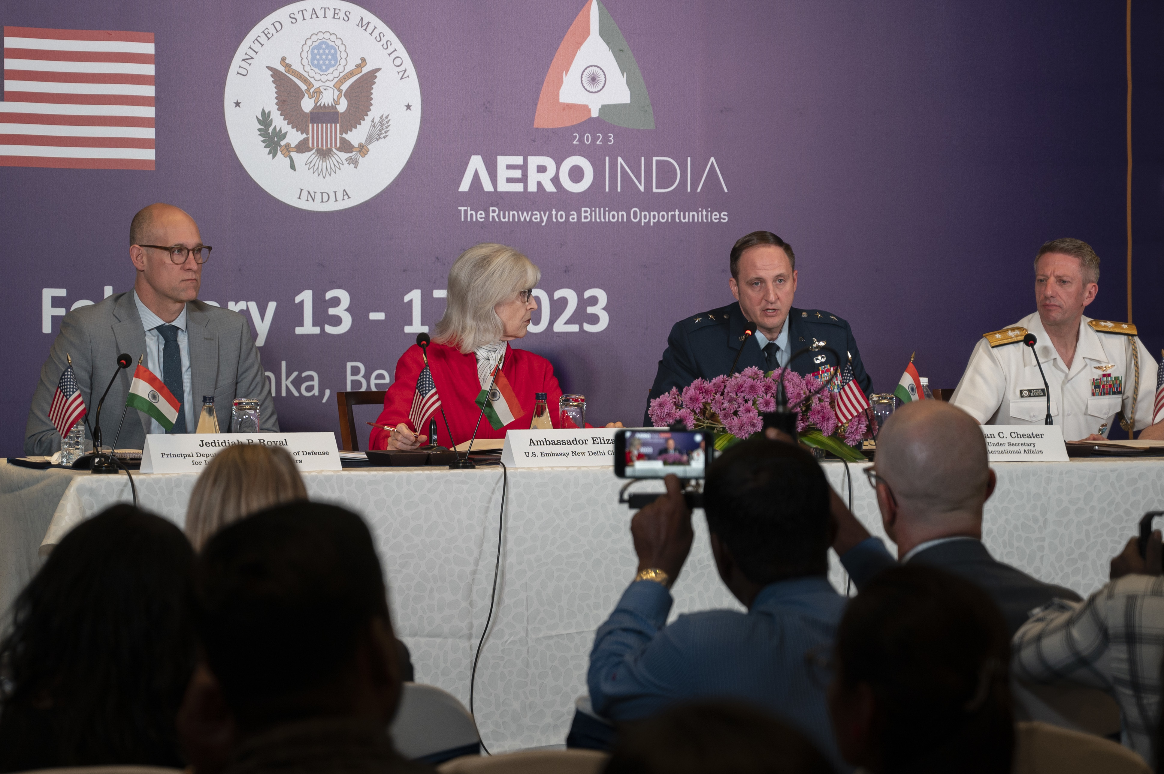 Principal Deputy Assistant Secretary of Defense for Indo-Pacific Security Affairs Jedidiah P. Royal; U.S. Embassy New Delhi Chargé d’Affaires, a.i. Ambassador A. Elizabeth Jones; Major General Julian C. Cheater, Assistant Deputy Under Secretary of the Air Force, International Affairs; and Senior Defense Official and Defense Attaché Rear Admiral Michael Baker at a press conference in Bengaluru on the U.S. participation at Aero India 23, in Bengaluru, India, Feb. 12, 2023. Aero India 2023 provides an avenue to bolster a stronger military-to-military relationship between the U.S. and India, as well as an opportunity to train alongside partners and allies to ensure a free-and-open Indo-Pacific. (U.S. Air Force Photo by Airman 1st Class Emily Saxton)