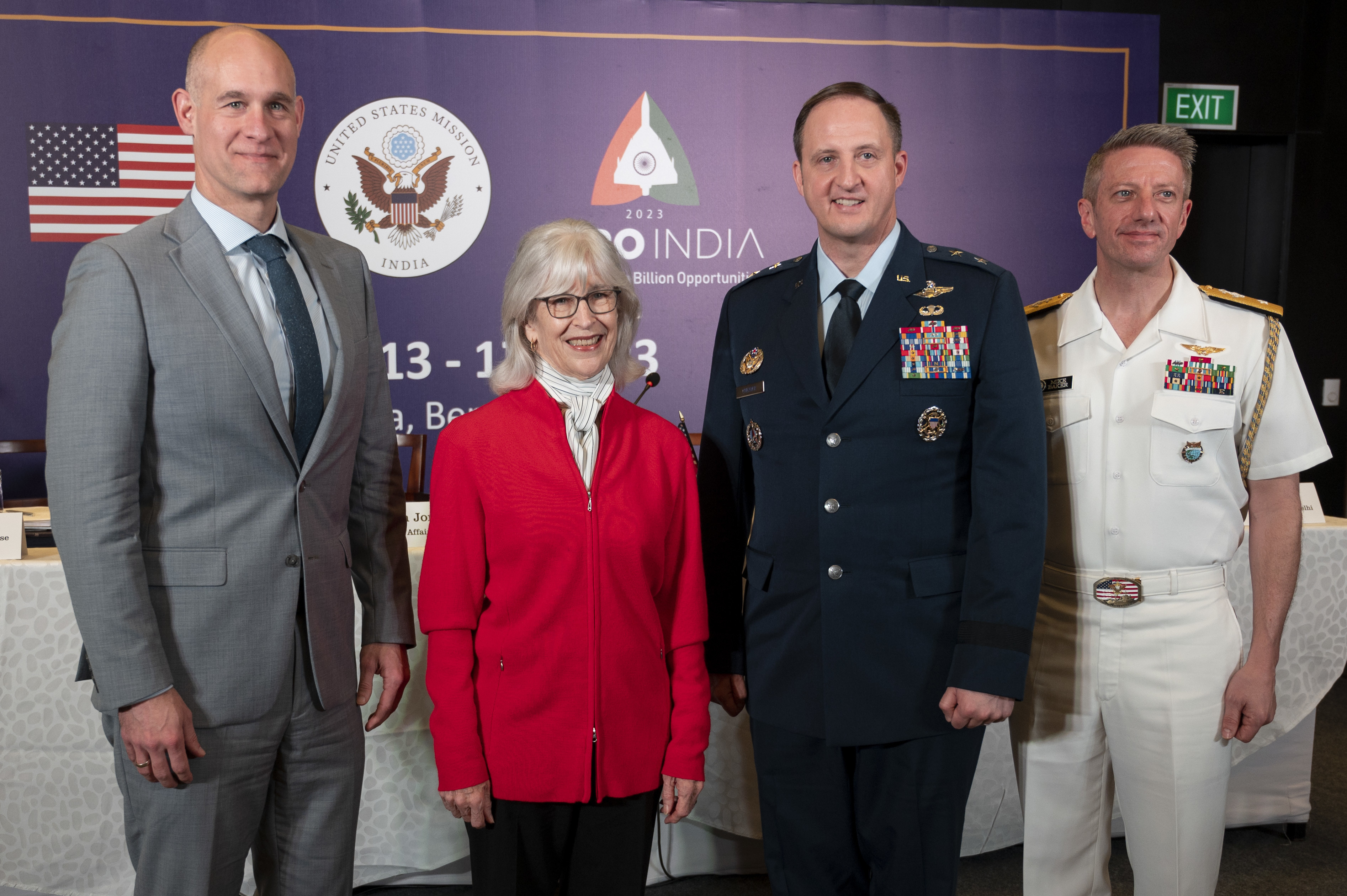 Principal Deputy Assistant Secretary of Defense for Indo-Pacific Security Affairs Jedidiah P. Royal; U.S. Embassy New Delhi Chargé d’Affaires, a.i. Ambassador A. Elizabeth Jones; Major General Julian C. Cheater, Assistant Deputy Under Secretary of the Air Force, International Affairs; and Senior Defense Official and Defense Attaché Rear Admiral Michael Baker at a press conference in Bengaluru on the U.S. participation at Aero India 23, in Bengaluru, India, Feb. 12, 2023. Aero India 2023 provides an avenue to bolster a stronger military-to-military relationship between the U.S. and India, as well as an opportunity to train alongside partners and allies to ensure a free-and-open Indo-Pacific. (U.S. Air Force Photo by Airman 1st Class Emily Saxton)
