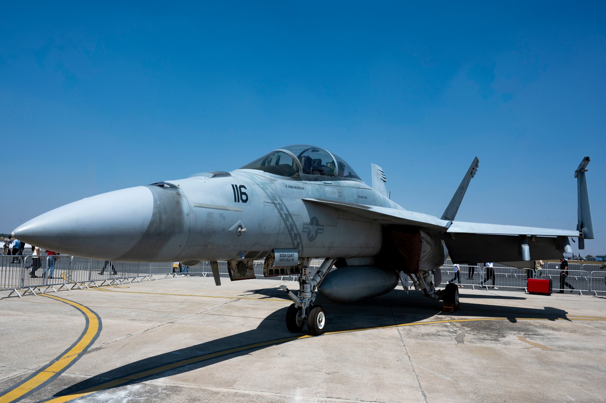 A U.S. Navy F/A-18 Super Hornet sits on display at Aero India 23