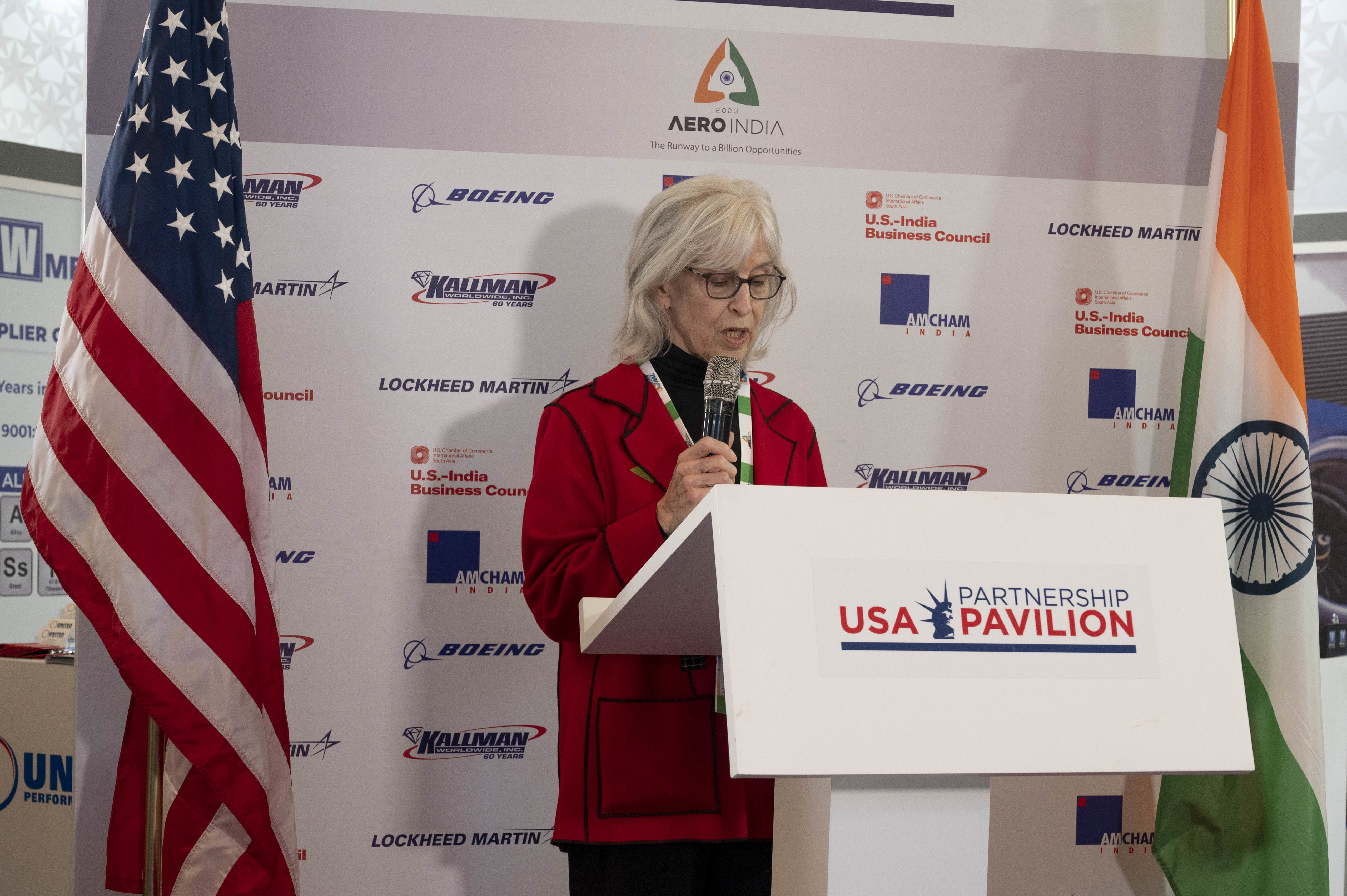 U.S. Embassy New Delhi Charge d’Affaires, a.i Ambassador A. Elizabeth Jones makes remarks during the U.S. Pavilion opening ceremony during Aero India 23 at Yelahanka Air Station, Bengaluru, India on Feb. 13, 2023. The weeklong biennial exhibition is Asia’s largest aviation event and hosts government delegations and corporate executives from 26 countries. (U.S. Air Force Photo by Airman 1st Class Emily Saxton)