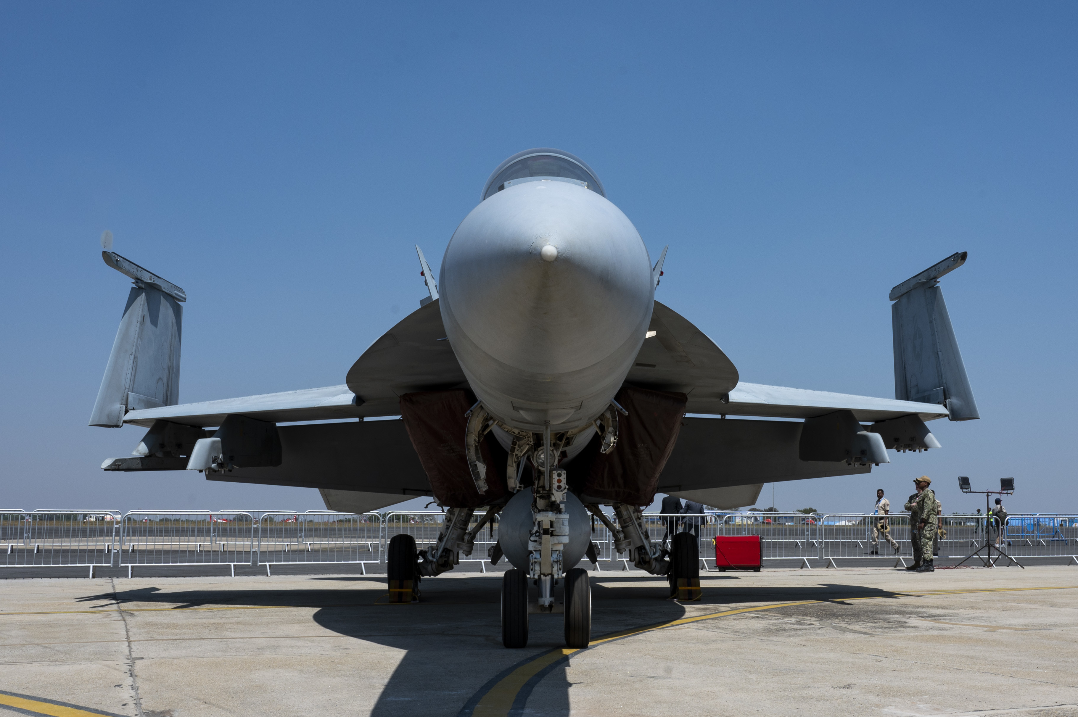 A U.S. Navy F/A-18 Super Hornet sits on display at Aero India 23 at Yelahanka Air Station, Bengaluru, India on Feb. 13, 2023. The U.S. military is participating in Aero India by providing aerial demonstrations and static aircraft to strengthen its partnership with India while furthering military-to-military relationships. (U.S. Air Force Photo by Airman 1st Class Emily Saxton)