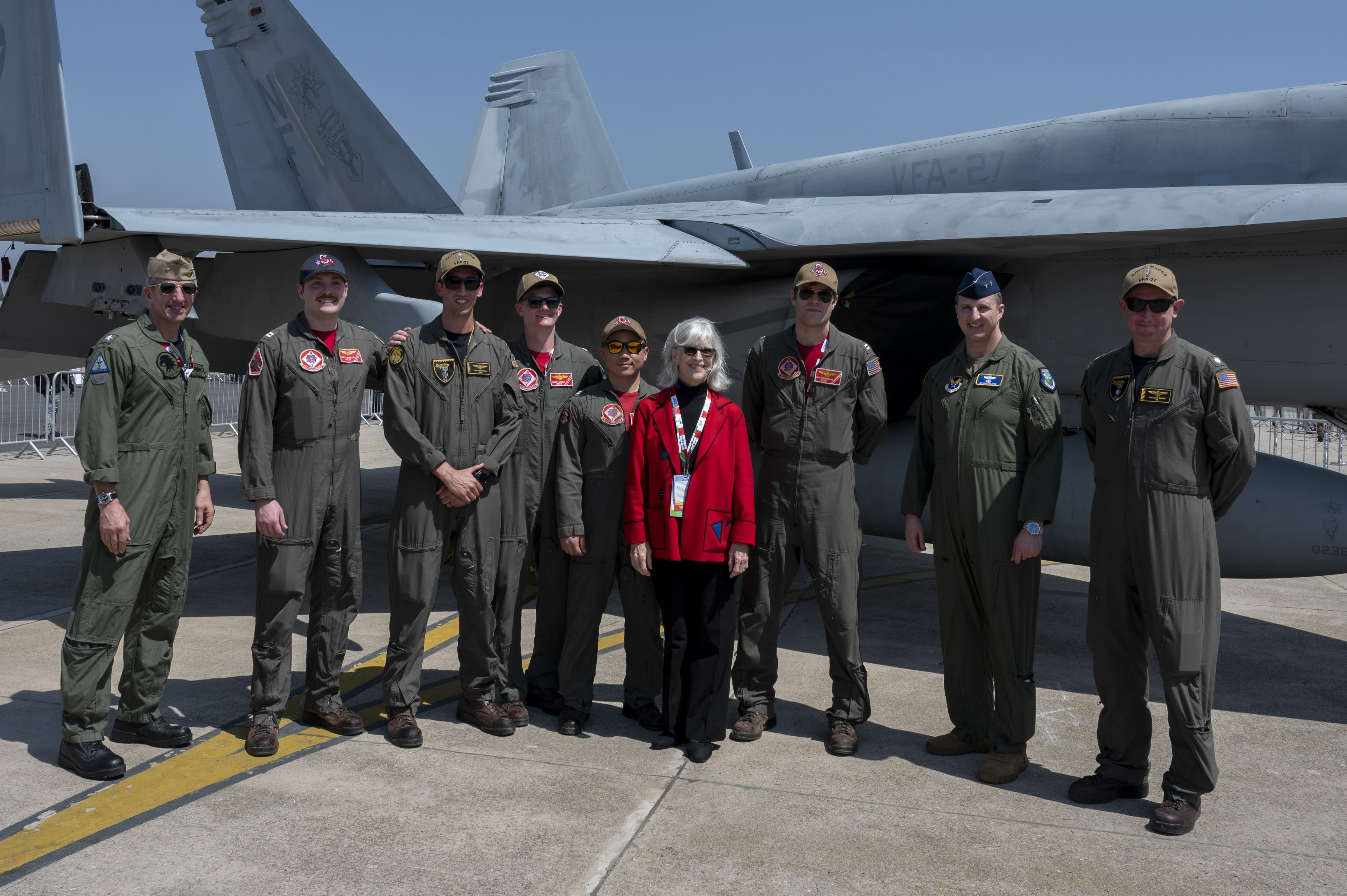 A group photo of U.S. personnel during Aero India 23 at Yelahanka Air Station, Bengaluru, India on Feb. 13, 2023. Aero India is an opportunity to demonstrate U.S. presence in and commitment to the region. (U.S. Air Force Photo by Airman 1st Class Emily Saxton)