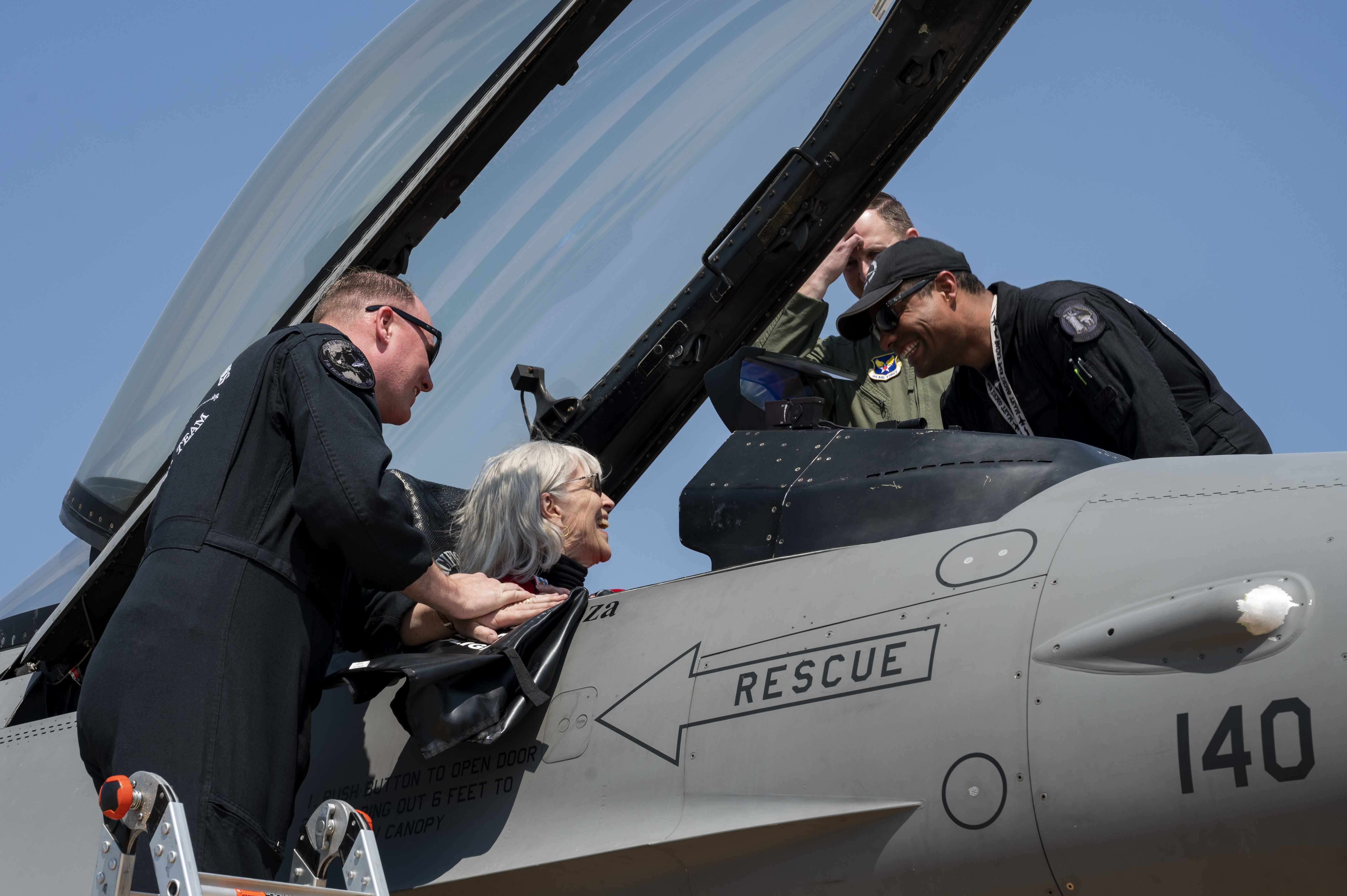 Members of the Pacific Air Forces F-16 Demonstration Team show U.S. Embassy New Delhi Charge d’Affaires, a.i Ambassador A. Elizabeth Jones the cockpit of a U.S. Air Force F-16 Fighting Falcon during Aero India 23 at Yelahanka Air Station, Bengaluru, India on Feb. 13, 2023. Aero India is an opportunity to demonstrate U.S. presence in and commitment to the region. (U.S. Air Force Photo by Airman 1st Class Emily Saxton)