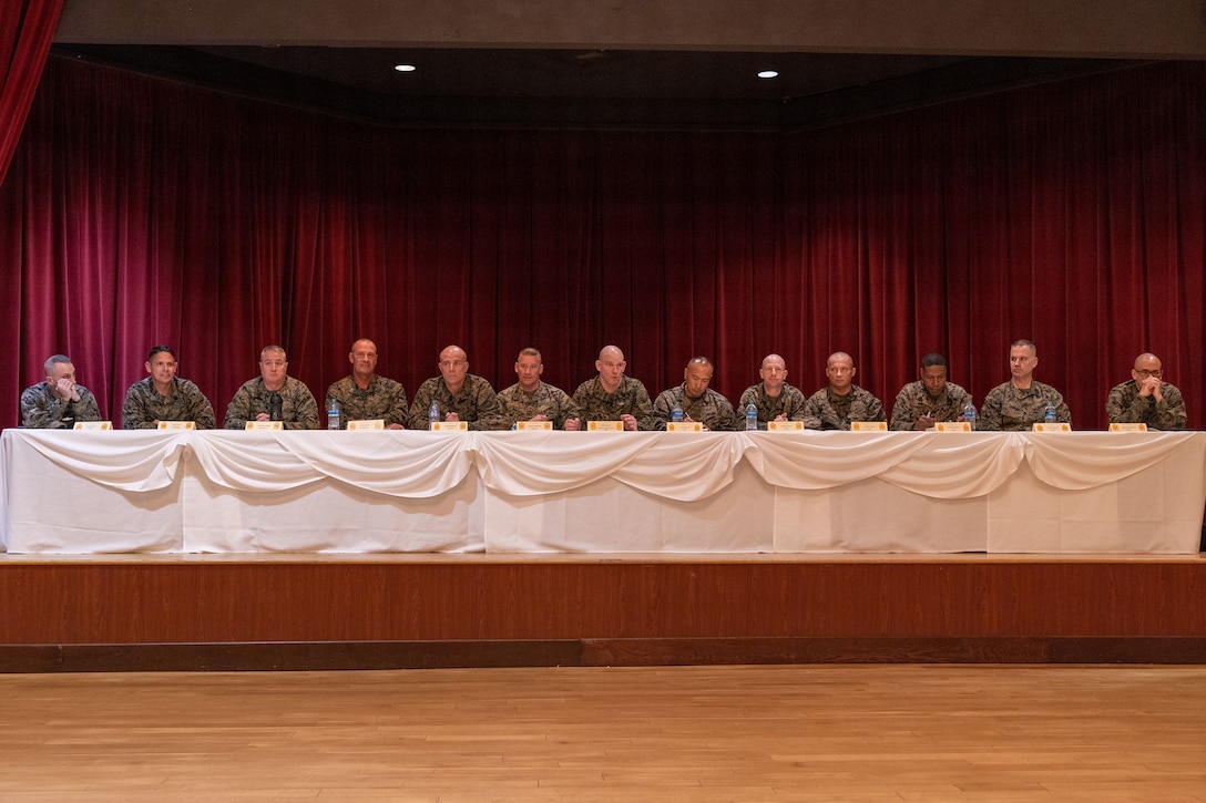 U.S. Marine Corps Sgt. Maj. Troy E. Black, the 19th Sergeant Major of the Marine Corps, and fellow sergeants major address Marines with I Marine Expeditionary Force during a staff noncommissioned officer senior leader panel at Marine Corps Base Camp Pendleton, California, Feb. 8, 2023. The Sergeant Major of the Marine Corps visited units across I MEF, speaking to Marines about talent management, force design, quality of life and the importance of maturing the force in the infantry. (U.S. Marine Corps photo by Cpl. Gabrielle Zagorski)