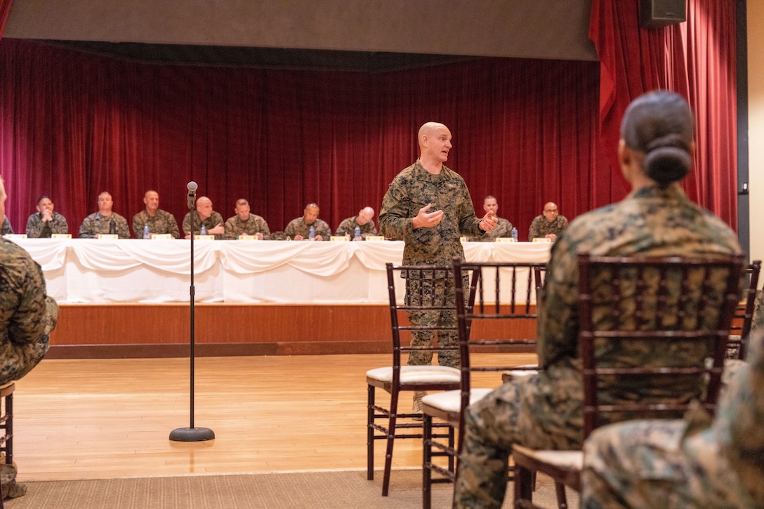U.S. Marine Corps Sgt. Maj. Troy E. Black, the 19th Sergeant Major of the Marine Corps, speaks to Marines with I Marine Expeditionary Force during a staff noncommissioned officer senior leader panel at Marine Corps Base Camp Pendleton, California, Feb. 8, 2023. The Sergeant Major of the Marine Corps visited units across I MEF, speaking to Marines about talent management, force design, quality of life and the importance of maturing the force in the infantry. (U.S. Marine Corps photo by Cpl. Gabrielle Zagorski)