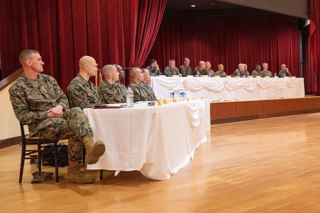 U.S. Marine Corps Sgt. Maj. Troy E. Black, the 19th Sergeant Major of the Marine Corps, and fellow sergeants major speak to Marines with I Marine Expeditionary Force during a staff noncommissioned officer senior leader panel at Marine Corps Base Camp Pendleton, California, Feb. 8, 2023. The Sergeant Major of the Marine Corps visited units across I MEF, speaking to Marines about talent management, force design, quality of life and the importance of maturing the force in the infantry. (U.S. Marine Corps photo by Cpl. Gabrielle Zagorski)