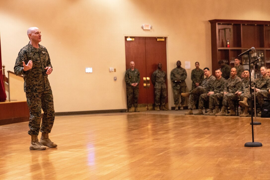 U.S. Marine Corps Sgt. Maj. Troy E. Black, the 19th Sergeant Major of the Marine Corps, speaks to Marines with I Marine Expeditionary Force during a staff noncommissioned officer senior leader panel at Marine Corps Base Camp Pendleton, California, Feb. 8, 2023. The Sergeant Major of the Marine Corps visited units across I MEF, speaking to Marines about talent management, force design, quality of life and the importance of maturing the force in the infantry. (U.S. Marine Corps photo by Cpl. Gabrielle Zagorski)