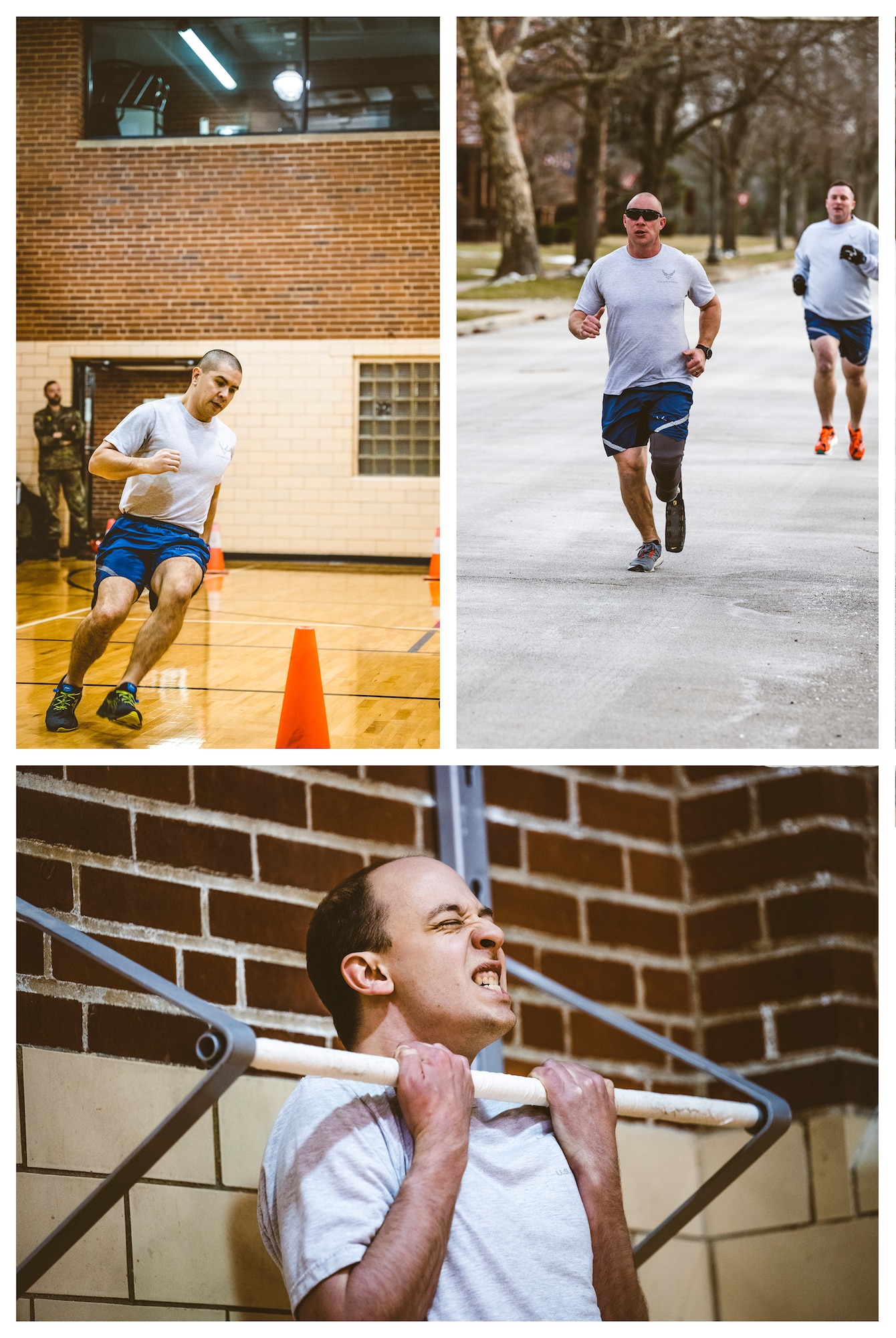 (Top Left) Tech. Sgt. Ronald Knox, Air Education and Training Command base records manager, runs 10-meter sprints during the German Armed Forces Proficiency Badge event’s basic fitness test Feb. 2 at Dodge Fitness Center on Wright-Patterson Air Force Base, Ohio. (Top Right) Chief Master Sgt. Benjamin Seekell (left), Air Force Life Cycle Management Center first sergeant, and Capt. Nathaniel Spitler, 88th Air Base Wing executive officer, run 1,000 meters around Turtle Pond during the German Armed Forces Proficiency Badge event’s basic fitness test Feb. 2 at Wright-Patterson Air Force Base, Ohio. (Bottom) Maj. Matthew Kanning, 88th Communications Squadron director of operations, performs a flex-arm hang for the basic fitness test Feb. 2 during the German Armed Forces Proficiency Badge event at Dodge Fitness Center on Wright-Patterson Air Force Base, Ohio.