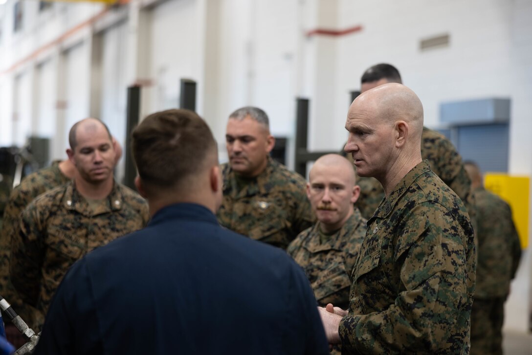 U.S. Marine Sgt. Maj. Troy E. Black, the sergeant major of the Marine Corps, talks with Marines from 3rd Assault Amphibian Battalion, 1st Marine Division, on Marine Corps Base Camp Pendleton, California, Feb. 7, 2023. Black’s visit with Camp Pendleton units allows him to advocate for quality of life for the Marines at operational units whose focus is warfighting and training for warfighting. He also spoke with noncommissioned officers regarding the changes associated with Force Design 2030, and the training and education that will prepare them to lead Marines in a fight in the future. (U.S. Marine Corps photo by Lance Cpl. Juan Torres)