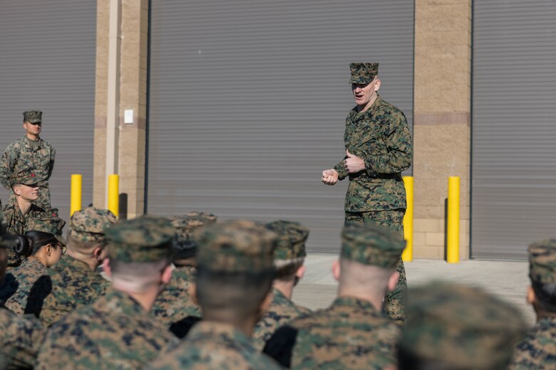 U.S. Marine Sgt. Maj. Troy E. Black, the sergeant major of the Marine Corps, gives a speech to Marines from various units at the maintenance bays for 3rd Assault Amphibian Battalion, 1st Marine Division, on Marine Corps Base Camp Pendleton, California, Feb. 7, 2023. Black’s visit with Camp Pendleton units allows him to advocate for quality of life for the Marines at operational units whose focus is warfighting and training for warfighting. He also spoke with noncommissioned officers regarding the changes associated with Force Design 2030, and the training and education that will prepare them to lead Marines in a fight in the future. (U.S. Marine Corps photo by Lance Cpl. Juan Torres)