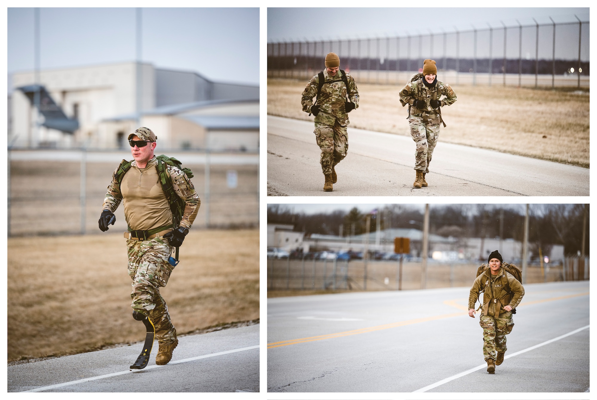 (Left) Chief Master Sgt. Benjamin Seekell, Air Force Life Cycle Management Center first sergeant, takes part in a road march Feb. 3 during German Armed Forces Proficiency Badge testing at Wright-Patterson Air Force Base, Ohio. (Top Right) Lt. Col. Amy Justus, 88th Comptroller Squadron commander, and Capt. Michael Eagan, 88th Air Base Wing assistant staff judge advocate, battle through a road march together Feb. 3 during German Armed Forces Proficiency Badge testing at Wright-Patterson Air Force Base, Ohio. (Bottom Right) Second Lt. Hannah Parker, 88th Communications Squadron combat communications officer, battles through a road march Feb. 3 during German Armed Forces Proficiency Badge testing at Wright-Patterson Air Force Base, Ohio.