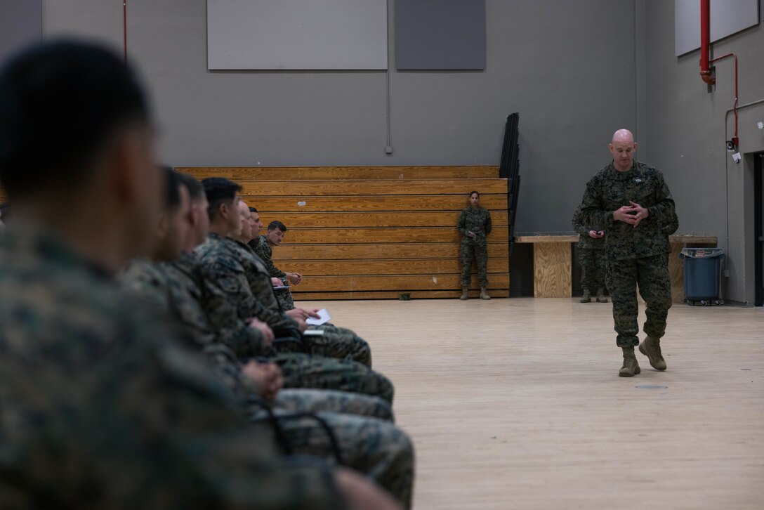U.S. Marine Sgt. Maj. Troy E. Black, the sergeant major of the Marine Corps, gives a speech to staff noncommissioned officers from 1st Marine Regiment, 1st Marine Division, on Marine Corps Base Camp Pendleton, California, Feb. 7, 2023. Black’s visit with Camp Pendleton units allows him to advocate for quality of life for the Marines at operational units whose focus is warfighting and training for warfighting. He also spoke with noncommissioned officers regarding the changes associated with Force Design 2030, and the training and education that will prepare them to lead Marines in a fight in the future. (U.S. Marine Corps photo by Lance Cpl. Juan Torres)