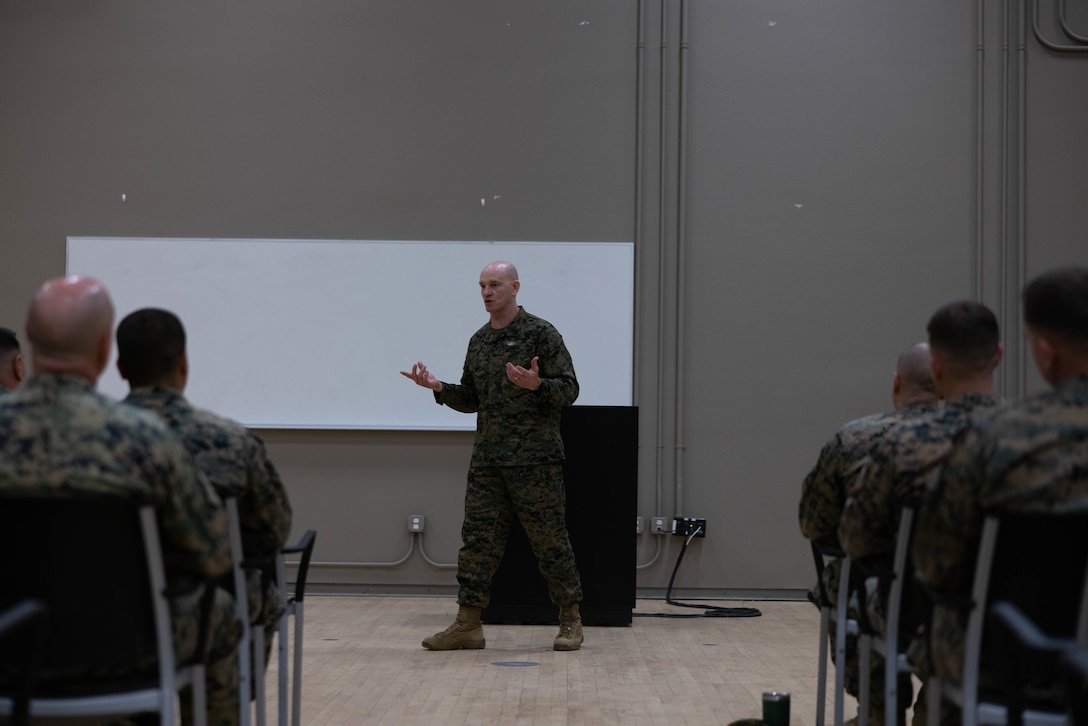 U.S. Marine Sgt. Maj. Troy E. Black, the sergeant major of the Marine Corps, gives a speech to staff noncommissioned officers from 1st Marine Regiment, 1st Marine Division, on Marine Corps Base Camp Pendleton, California, Feb. 7, 2023. Black’s visit with Camp Pendleton units allows him to advocate for quality of life for the Marines at operational units whose focus is warfighting and training for warfighting. He also spoke with noncommissioned officers regarding the changes associated with Force Design 2030, and the training and education that will prepare them to lead Marines in a fight in the future. (U.S. Marine Corps photo by Lance Cpl. Juan Torres)
