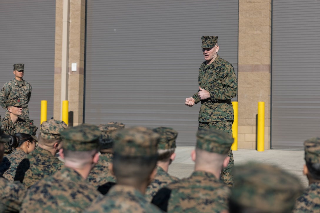 U.S. Marine Sgt. Maj. Troy E. Black, the sergeant major of the Marine Corps, gives a speech to Marines from various units at the maintenance bays for 3rd Assault Amphibian Battalion, 1st Marine Division, on Marine Corps Base Camp Pendleton, California, Feb. 7, 2023. Black’s visit with Camp Pendleton units allows him to advocate for quality of life for the Marines at operational units whose focus is warfighting and training for warfighting. He also spoke with noncommissioned officers regarding the changes associated with Force Design 2030, and the training and education that will prepare them to lead Marines in a fight in the future. (U.S. Marine Corps photo by Lance Cpl. Juan Torres)