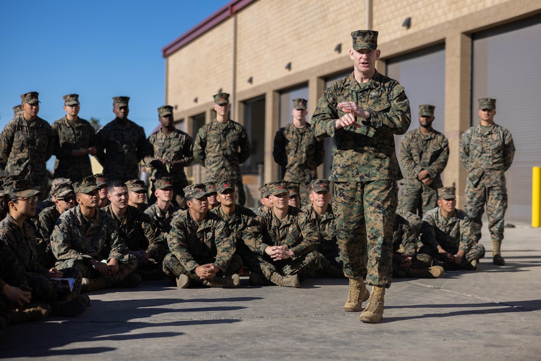 U.S. Marine Sgt. Maj. Troy E. Black, the sergeant major of the Marine Corps, gives a speech to Marines from various units at the maintenance bays for 3rd Assault Amphibian Battalion, 1st Marine Division, on Marine Corps Base Camp Pendleton, California, Feb. 7, 2023. Black’s visit with Camp Pendleton units allows him to advocate for quality of life for the Marines at operational units whose focus is warfighting and training for warfighting. He also spoke with noncommissioned officers regarding the changes associated with Force Design 2030, and the training and education that will prepare them to lead Marines in a fight in the future. (U.S. Marine Corps photo by Lance Cpl. Juan Torres)