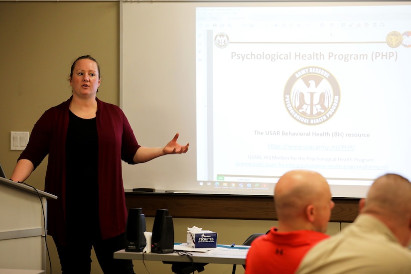 Tifini Steif, Suicide Prevention Program Manager, 85th U.S. Army Reserve Support Command, leads a class discussion during a three-day Ask Care Escort Suicide Intervention tier two training event at Ellington Field Joint Reserve Base in Texas.