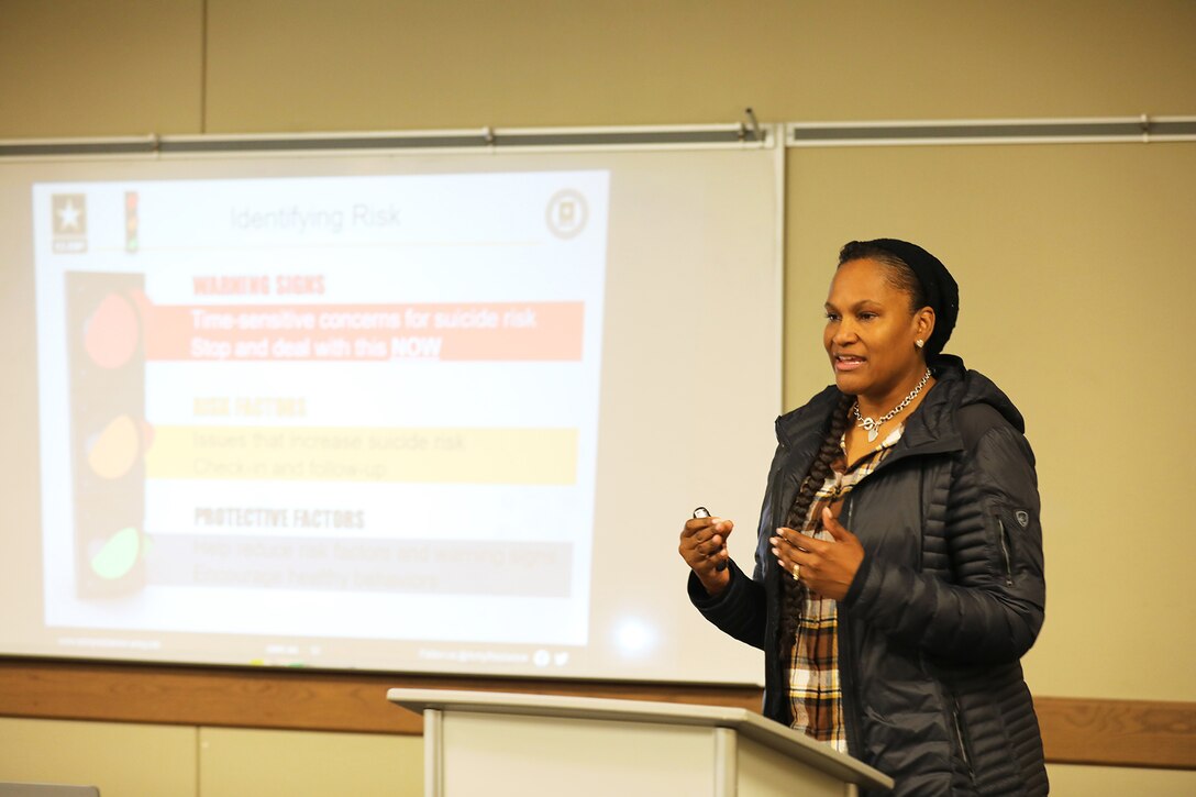 Sgt. 1st Class Lacheri Rennick, Battalion S-1 NCOIC, 2-381 Training Support Battalion, Grand Prairie, Texas participates in a ‘teach back’ during a recent three-day Ask Care Escort Suicide Intervention tier two training event at Ellington Field Joint Reserve Base in Texas.