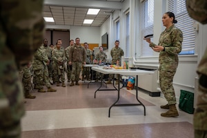 U.S. Army Soldiers attend a meal preparation briefing during a Ready and Resilient event at Joint Base Langley-Eustis, Virginia, Jan. 12, 2023. The event included briefings on the Army Wellness Center, medical readiness, behavioral health, financial readiness, spiritual resiliency, substance abuse, estate planning, and education resources for degree completion. (U.S. Air Force photo by Staff Sgt. Anthony Nin Leclerec)