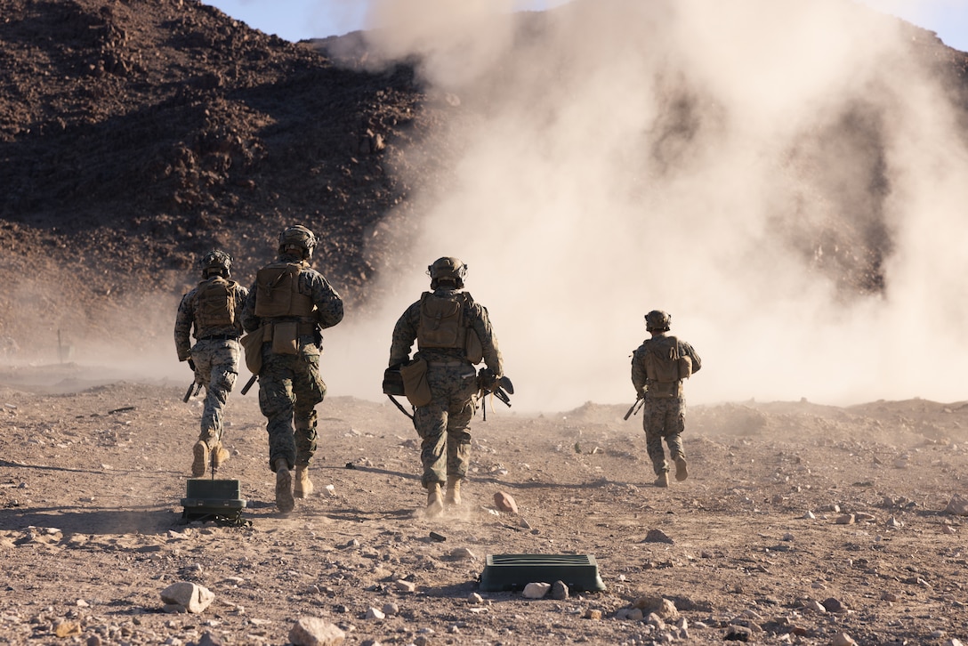 U.S. Marines with 3d Littoral Combat Team, 3d Marine Littoral Regiment, 3d Marine Division detonate an anti-personnel obstacle breaching system for a demolition range during Marine Littoral Regiment Training Exercise (MLR-TE) at Marine Corps Air Ground Combat Center Twentynine Palms, California, Feb. 2, 2023. MLR-TE is a large-scale, service-level exercise designed to train, develop, and experiment with the 3d MLR as part of a Marine Air-Ground Task Force, led by 3d Marine Division, operating as a Stand-in Force across a contested and distributed maritime environment.
