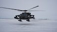 An Alaska Army National Guard UH-60L Black Hawk helicopter hovers near the aviation facility at the Bethel Airport after returning from a training flight.  The helicopter is stationed in Bethel for the time being to allow aircrews to train for federal mission requirements and become more familiar with the area.  The aircraft will be available to assist in emergency situations as requested by the Alaska Rescue Coordination Center or Alaska Emergency Operations Center and subject to aircrew availability.  (Alaska National Guard Photo by Dana Rosso)