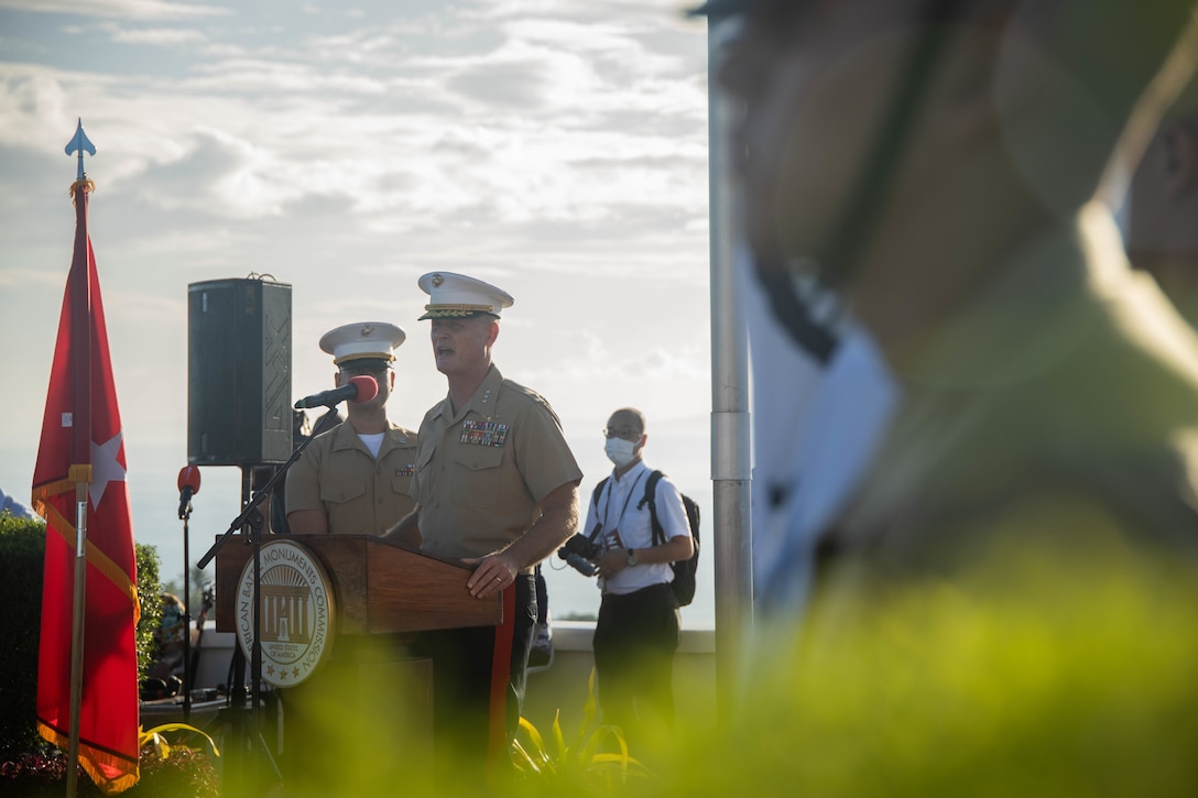 U.S. Marine Corps Lt. Gen. Steven R. Rudder, commander, U.S. Marine Corps Forces, Pacific, makes remarks during the anniversary of the Battle of Guadalcanal at the Guadalcanal American Memorial in the Solomon Islands, Aug. 7, 2022. The ceremony commemorated the 80th anniversary of the battle, and served to honor the fallen and strengthen the U.S. relationship with the Solomon Islands and other Pacific allies and partners. The historic battle was codenamed Operation Watchtower and was the first major offensive and decisive victory for the allied forces in the Pacific theater. (U.S. Marine Corps photo by Cpl. Dillon L. Buck)