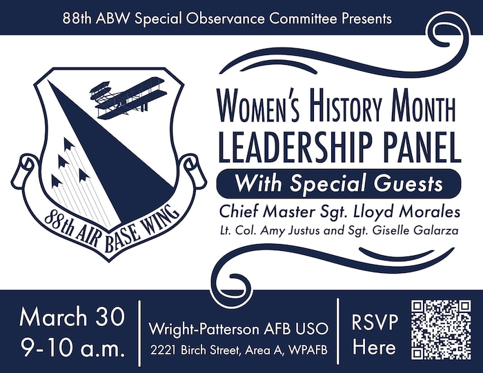 Women's History Month Leadership Panel will be March 30 from 9 to 10 a.m. at the USO at Wright-Patterson Air Force Base, Ohio. Scan the QR code to RSVP.