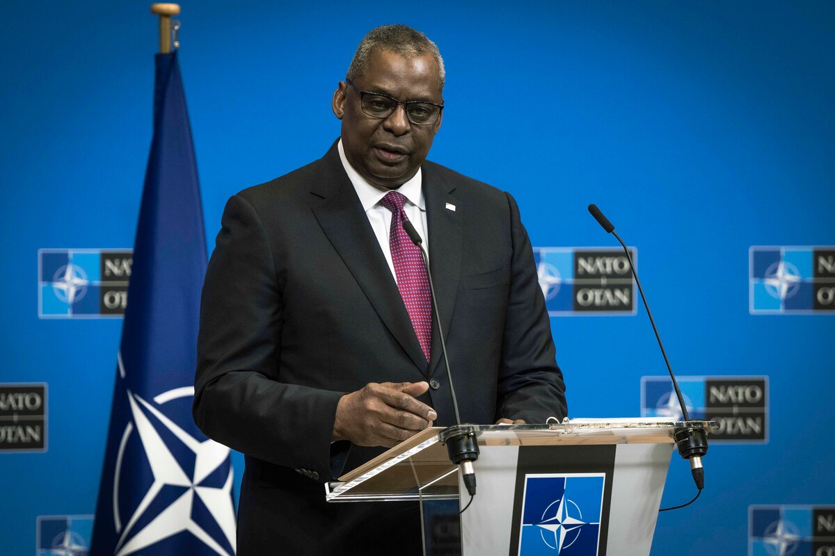 Secretary of Defense Lloyd J. Austin III speaks to reporters.