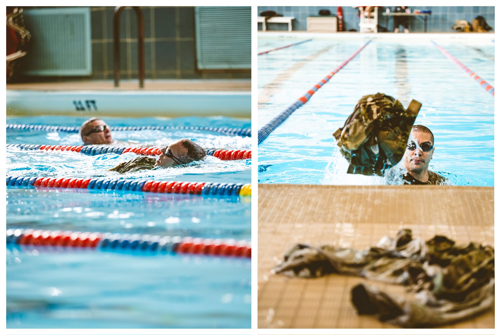 (Left) Two Airmen swim 100 meters while wearing their operational camouflage pattern uniforms Feb. 1 during German Armed Forces Proficiency Badge testing at Dodge Fitness Center on Wright-Patterson Air Force Base, Ohio. (Right) Tech. Sgt. Ronald Knox, Air Education and Training Command base records manager, throws his operational camouflage pattern uniform over the side of the pool Feb. 1 during German Armed Forces Proficiency Badge testing at Dodge Fitness Center on Wright-Patterson Air Force Base, Ohio.