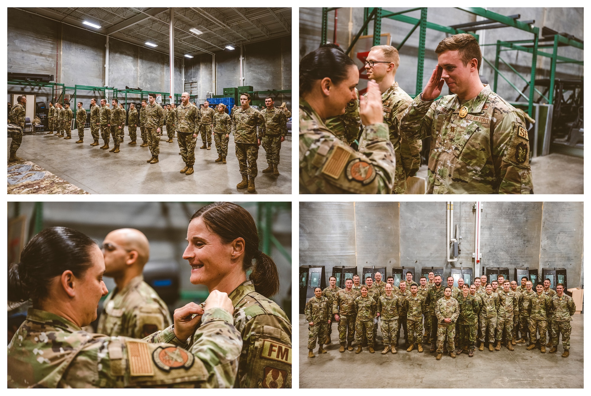 (Top Left) Participants who tested for the German Armed Forces Proficiency Badge fall into formation during the awards ceremony Feb. 3 at 88th Security Forces Squadron headquarters on Wright-Patterson Air Force Base, Ohio. (Top Right) Capt. Austin Drake, Air Force Materiel Command security forces inspection chief, receives his gold badge during the German Armed Forces Proficiency Badge awards ceremony Feb. 3 at 88th Security Forces Squadron headquarters on Wright-Patterson Air Force Base, Ohio. (Bottom Left) Lt. Col. Amy Justus, 88th Comptroller Squadron commander, receives her silver badge during the German Armed Forces Proficiency Badge awards ceremony Feb. 3 at 88th Security Forces Squadron headquarters on Wright-Patterson Air Force Base, Ohio. (Bottom Right) German Armed Forces Proficiency Badge testing participants pose for a group photo Feb. 3 at 88th Security Forces Squadron headquarters on Wright-Patterson Air Force Base, Ohio.