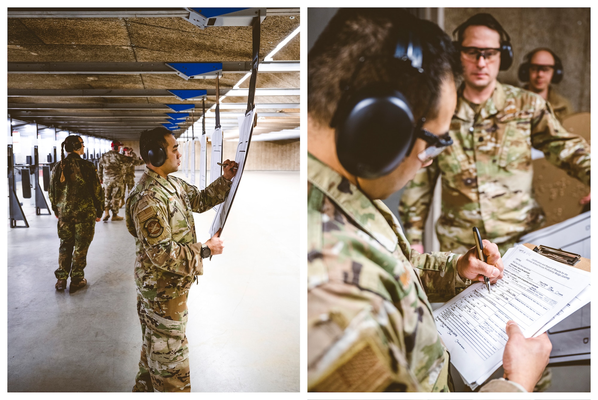 (Left) Master Sgt. Joseph McDowell, 88th Security Forces Squadron NCO in charge of operations, judges a target sheet Feb. 2 during German Armed Forces Proficiency Badge testing at the unit’s firing range on Wright-Patterson Air Force Base, Ohio. (Right) Master Sgt. Joseph McDowell, 88th Security Forces Squadron NCO in charge of operations, records an Airman’s shooting score Feb. 2 during German Armed Forces Proficiency Badge testing at the unit’s firing range on Wright-Patterson Air Force Base, Ohio.