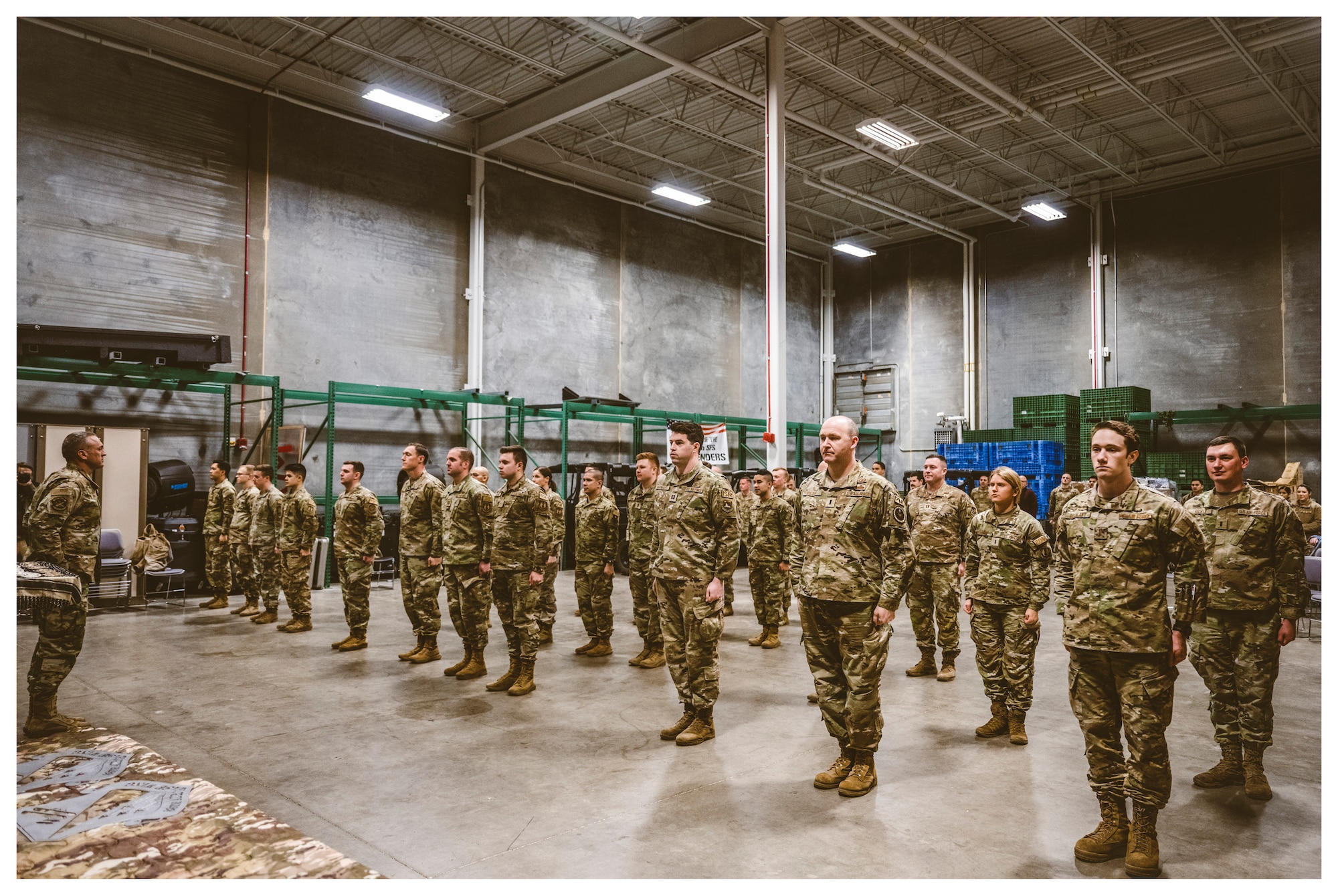 Participants who tested for the German Armed Forces Proficiency Badge fall into formation during the awards ceremony Feb. 3 at 88th Security Forces Squadron headquarters on Wright-Patterson Air Force Base, Ohio.