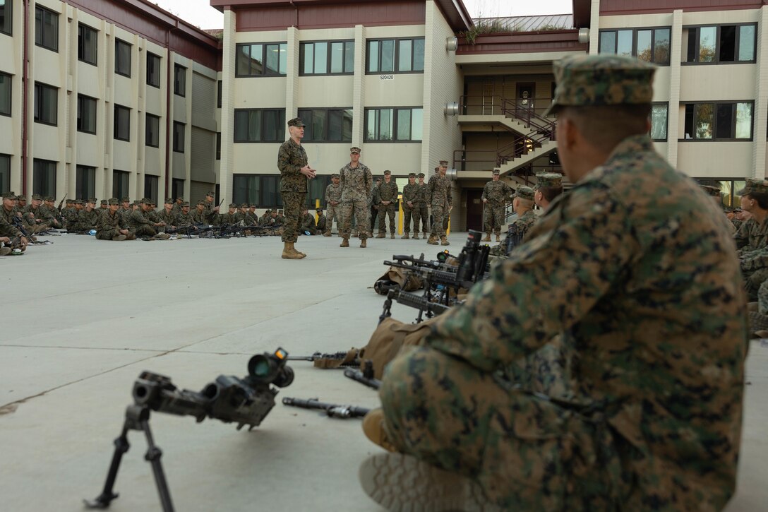 U.S. Marine Corps Sgt. Maj. Troy E. Black, the 19th Sergeant Major of the Marine Corps, addresses Marines assigned to Marine Combat Training, School of Infantry – West during his visit to Marine Corps Base Camp Pendleton, California, Feb. 7, 2023. The Sergeant Major of the Marine Corps visited units across I Marine Expeditionary Force, speaking to Marines about talent management, force design, quality of life and the importance of maturing the force in the infantry. (U.S. Marine Corps photo by Lance Cpl. Fred Garcia)
