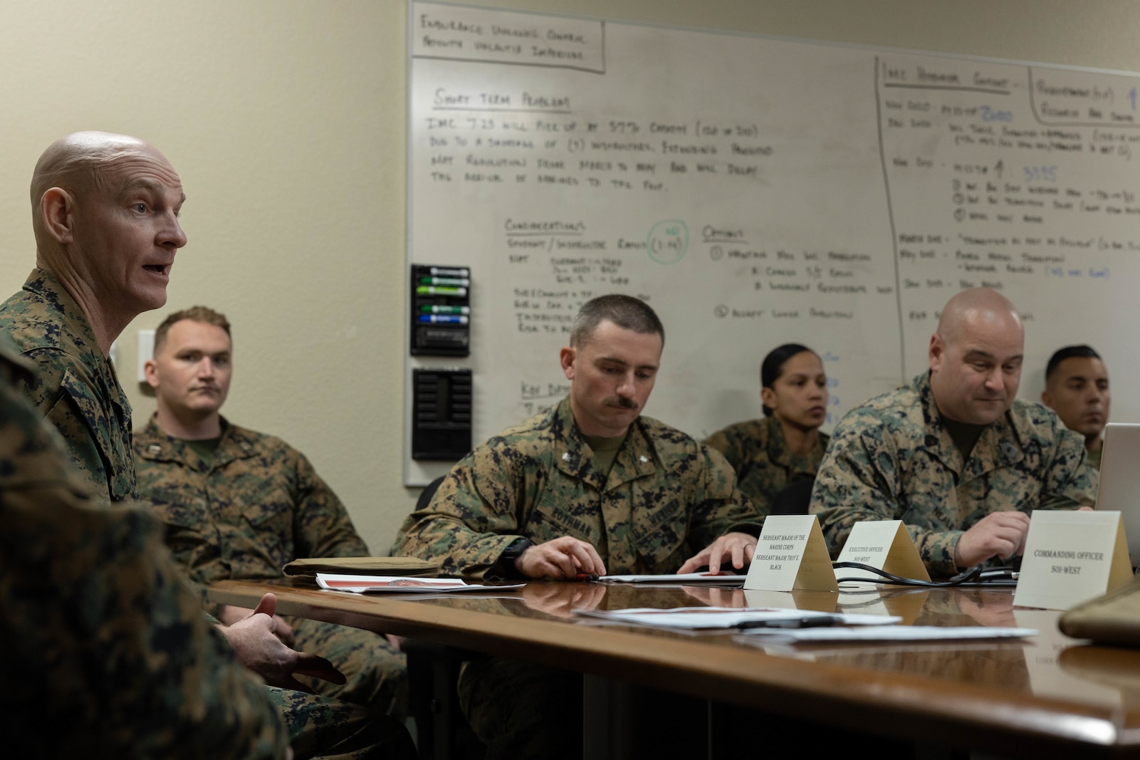 U.S. Marine Corps Sgt. Maj. Troy E. Black, the 19th Sergeant Major of the Marine Corps, speaks to leadership from the School of Infantry - West during his visit to Marine Corps Base Camp Pendleton, California, Feb. 7, 2023. The Sergeant Major of the Marine Corps visited units across I Marine Expeditionary Force, speaking to Marines about talent management, force design, quality of life and the importance of maturing the force in the infantry. (U.S. Marine Corps photo by Lance Cpl. Fred Garcia)