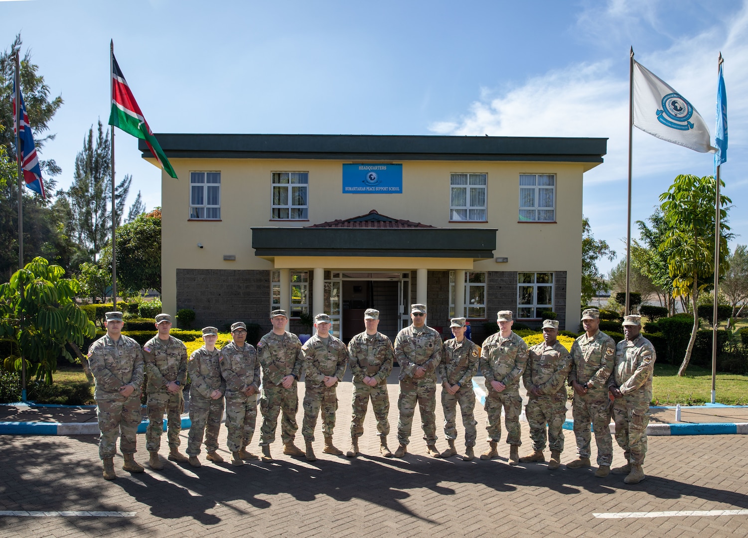 Soldiers from the Massachusetts National Guard supporting the Joint Exercise Support Group for Justified Accord 2023 pose for a photo at the Humanitarian Peace Support School in Nairobi, Feb. 11, 2023. The JESG is responsible for logistical support for the exercise, U.S. Africa Command's largest in East Africa.