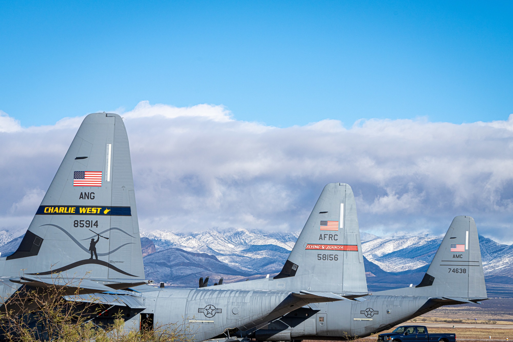 U.S. Air Force C-130J Hercules aircraft from the 130th Airlift Wing, West Virginia Air National Guard, 815th Airlift Squadron, and 39th Airlift Squadron, sit on the flight line at Fort Huachuca, Arizona, December 13, 2022. The Hercules crews were attending the Advanced Tactics Aircrew Course held by the Advanced Airlift Tactics Training Center. Since 1983 the AATTC has provided advanced tactical training to airlift aircrews from the Air National Guard, Air Force Reserve Command, Air Mobility Command, U.S. Marine Corps and 17 allied nations. (U.S. Air National Guard photo by Tech. Sgt. Patrick Evenson)